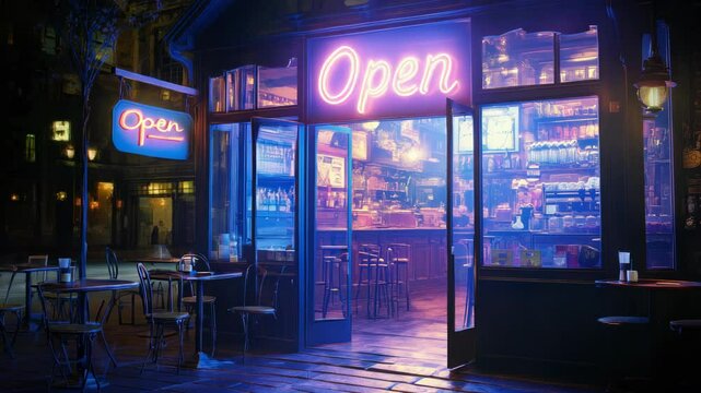 Vibrant Parisian Cafe at Twilight with Glowing Neon Signs and Inviting Atmosphere