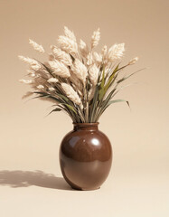 Minimalist Brown Ceramic Vase with Dried Grass on Beige Background