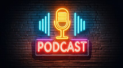 Ultra quality image of podcast neon sign illuminating brick wall, glowing text banner for night show, radio style illuminated logo, music broadcast symbol in neon lights.