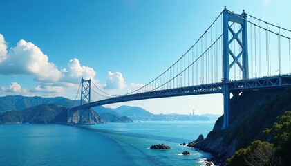 Sky blue suspension bridge soaring over a dramatic landscape Perfect for travel, infrastructure, or nature projects , cable stayed, serenity, wide
