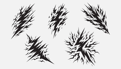 collection of stylized black lightning bolts featuring branching shapes and electric energy patterns
