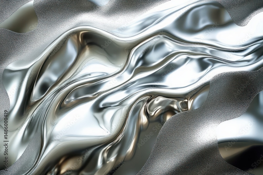 Poster abstract close-up of flowing and wrinkled metallic silver surface with smooth and textured areas ref