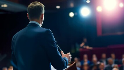 Keynote Speaker delivers Business Presentation on Stage at Conference. Professional Man addressing Audience at Leadership Event. 4K Video Footage