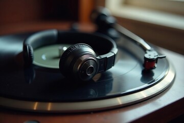 Close-up of a pair of headphones resting on a vintage turntable, vinyl record visible , vintage technology, playback device, retro