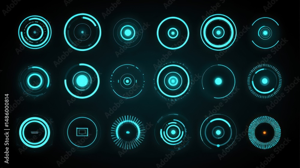 Poster futuristic holographic interface elements featuring a set of glowing circles with sci-fi aesthetic d