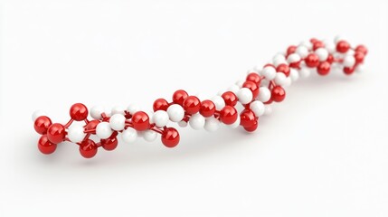 Red and white spheres connected, forming a double helix structure against a white background
