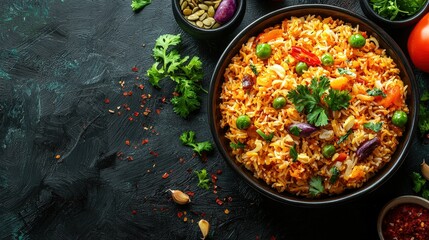 Delicious flavorful vegetable fried rice served in a black bowl surrounded by fresh herbs and colorful ingredients on dark textured background