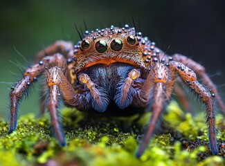 Close-up of a vibrant jumping spider on moss.