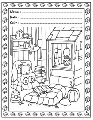 Bold and Easy Cozy Nooks Coloring Book for Adults and Kid.  
High resolution (300 DPI), 
Ready to print on standard 8.5x11-(A4) inch paper With (No Bleed), 
Black and White. 
Vector illustration 