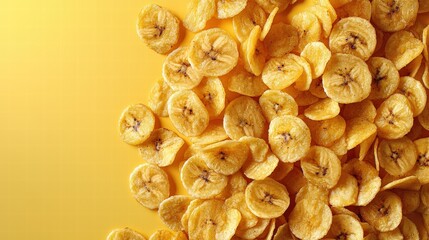 Close-up of dried banana chips arranged in a cluster on a yellow background showcasing crispy golden texture and natural sweetness for healthy snack imagery