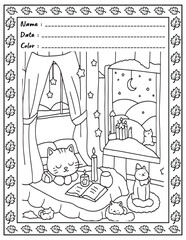 Bold and Easy Cozy Nooks Coloring Book for Adults and Kid.  
High resolution (300 DPI), 
Ready to print on standard 8.5x11-(A4) inch paper With (No Bleed), 
Black and White. 
Vector illustration 