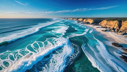 Fototapeta premium Stunning aerial view of turquoise ocean waves breaking on a sandy beach with dramatic cliffs in the background. The contrast between the bright white foam and the deep blue water is captivating.