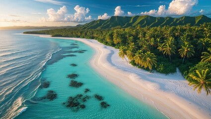 Aerial view of a pristine tropical beach with turquoise water, white sand, and lush palm trees. The idyllic scene is bathed in the warm light of sunrise or sunset.