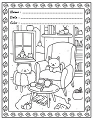 Bold and Easy Cozy Nooks Coloring Book for Adults and Kid.  
High resolution (300 DPI), 
Ready to print on standard 8.5x11-(A4) inch paper With (No Bleed), 
Black and White. 
Vector illustration 