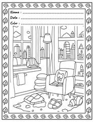 Bold and Easy Cozy Nooks Coloring Book for Adults and Kid.  
High resolution (300 DPI), 
Ready to print on standard 8.5x11-(A4) inch paper With (No Bleed), 
Black and White. 
Vector illustration 