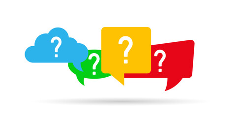 Colorful speech and cloud bubbles with question marks, symbolizing inquiry, FAQ, or customer support, isolated on a white background.