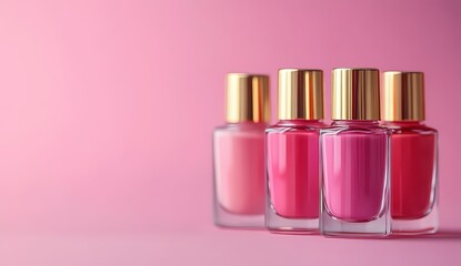 Four bottles of nail polish in varying shades of pink sit on a pink background. The bottles have gold-colored caps.