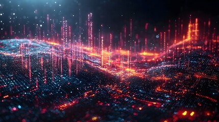 Fototapeta premium Futuristic city skyline aglow with digital data points and technological intelligence