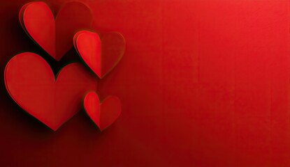 Layered red hearts on deep crimson background.  Intricate cutouts create dimension