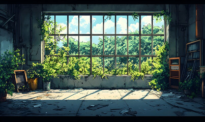 Plants grow indoors through the big window, and light spills onto a cluttered floor in a post-apocalyptic scene