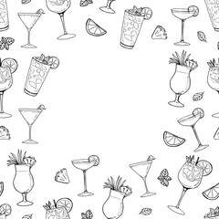 Cocktail illustration border pattern frame line art drinks for party or bar