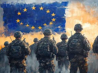 Fototapeta premium Soldiers in camouflage uniforms standing in formation facing a large worn European flag painted on a wall with an orange and blue background, evoking a somber and determined mood