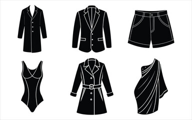 Vector illustration of a fashion clothing set with shirt, jacket, dress, pants, and skirt silhouettes