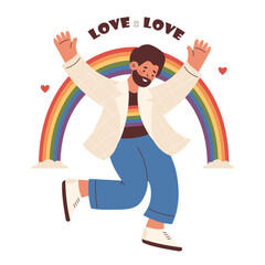 Pride Month. Happy Dancing man with big Rainbow. LGBTQ community. Cheerful bearded gay symbolizing LGBT pride and self-love. Vector Illustration