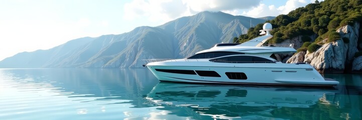 Fototapeta premium High-end motor yacht anchored in a tranquil bay, elegant and modern, isolated, sailing, luxury