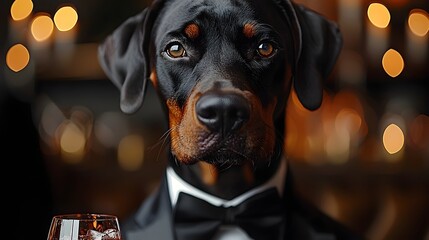 A confident Doberman in a tuxedo sipping a drink at a high end event