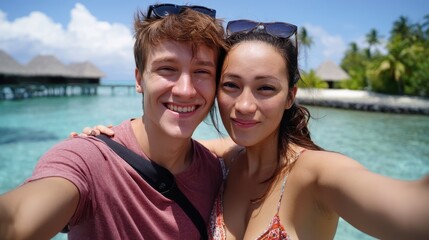 Fototapeta premium Joyful couple enjoying a sunny day by the turquoise waters of a tropical paradise