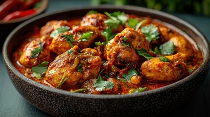 Delicious spicy chicken curry with fresh cilantro served in a black bowl highlighting flavorful tender chicken pieces simmered in rich tomato sauce with herbs and spices
