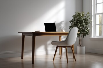 photo-realistic minimalist home office, wooden desk, modern chair, laptop, potted plant, soft natural light, white walls, clean and modern layout