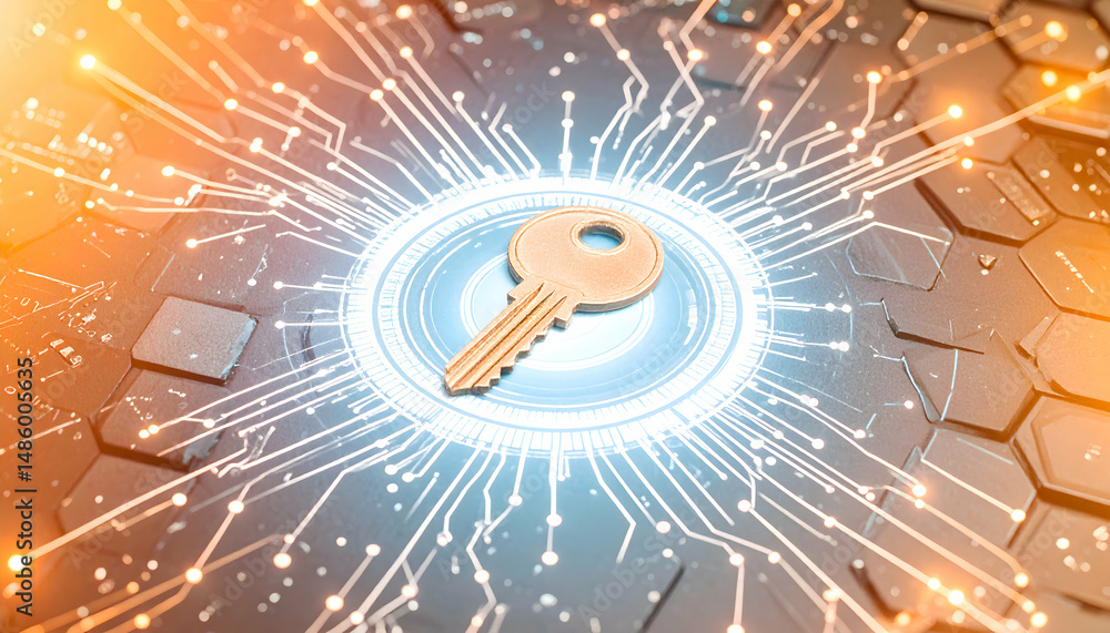 Poster golden key on digital circuit board with glowing blue light rays for secure data transmission in mod