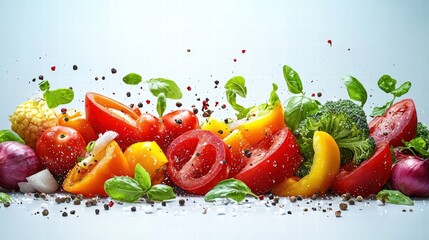 Fresh colorful vegetables and herbs sliced and scattered on a light background with water splashes and seasoning for healthy meal preparation and vibrant diet