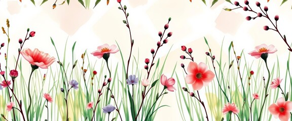 High-resolution watercolor floral seamless pattern featuring grass and branches; ideal for various design applications, retro, flowers