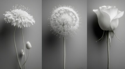 Three distinct black and white flowers captured in modern line art illustrations representing natural beauty
