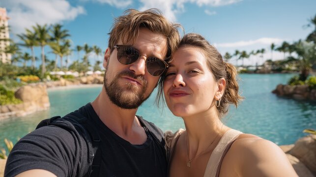 Joyful couple enjoying a sunny vacation by the poolside.