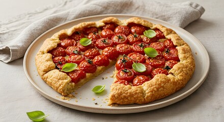 Tomato galette with basil leaves on a plate with a slice missing on the side