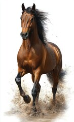 Fototapeta premium powerful brown horse galloping energetically with flowing black mane kicking up mud against white background