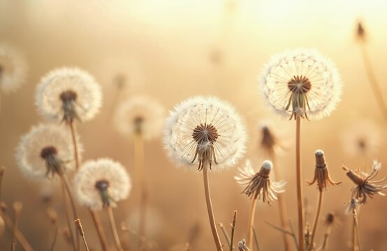 AI-generated macro photo of dandelion blowballs with fluffy seed heads, stems. Summer season, natural light with warm tones, creates calm aesthetic. Ideal for eco friendly, organic, natural design,