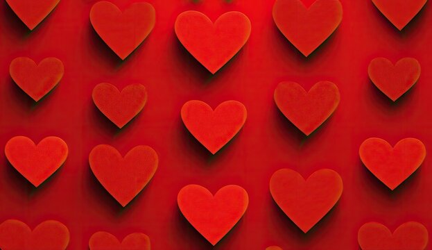 A repeating pattern of red hearts on a red background.  Each heart has a slight shadow effect, giving a 3D appearance