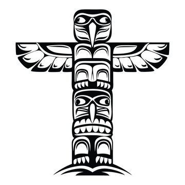 Isolated Totem Pole Sculpture, Black and White Icon, Native American Traditional Art