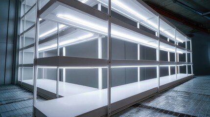 Obraz premium Brightly lit, multi-tiered shelving unit, possibly for indoor cultivation or storage. Clean, modern design