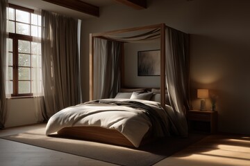 realistic minimalist bedroom interior, low bed with white sheets, beige blanket, light wood bedside table, indoor plant, sunlight casting soft shadows, clean Japandi style