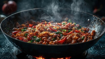 Stir-fried spicy meat with vegetables in a black wok on a dark background, steaming hot Asian-style dish with colorful ingredients and aromatic sauce