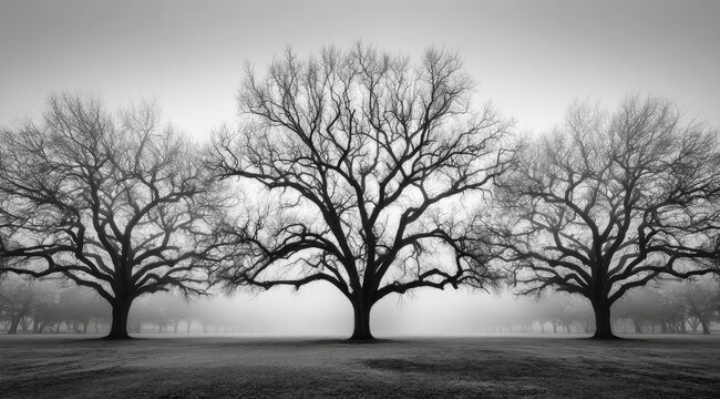 Three bare trees in a foggy field (1)
