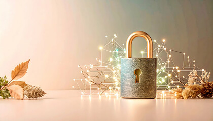 Golden Padlock on Beige Table with Festive Lights and Decorations for Security and Protection