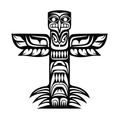 Intricate Black and White Totem Pole Illustration, Native American Tribal Art Symbol © Shipon
