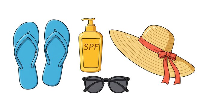 Beach essentials: flip flops, sunscreen, sunglasses, and sun hat